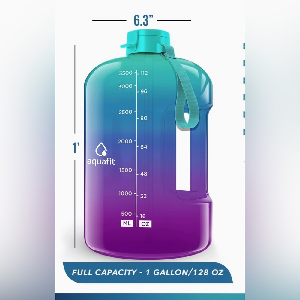 Aqua fit 1 gallon water bottle with handle.